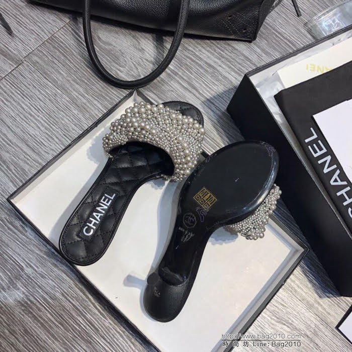CHANEL香奈兒 18ss頂級珍珠涼鞋系列 超級女神系列 4cm貓跟 全手工縫珠 頂級貨珍珠拖鞋  dsX2406